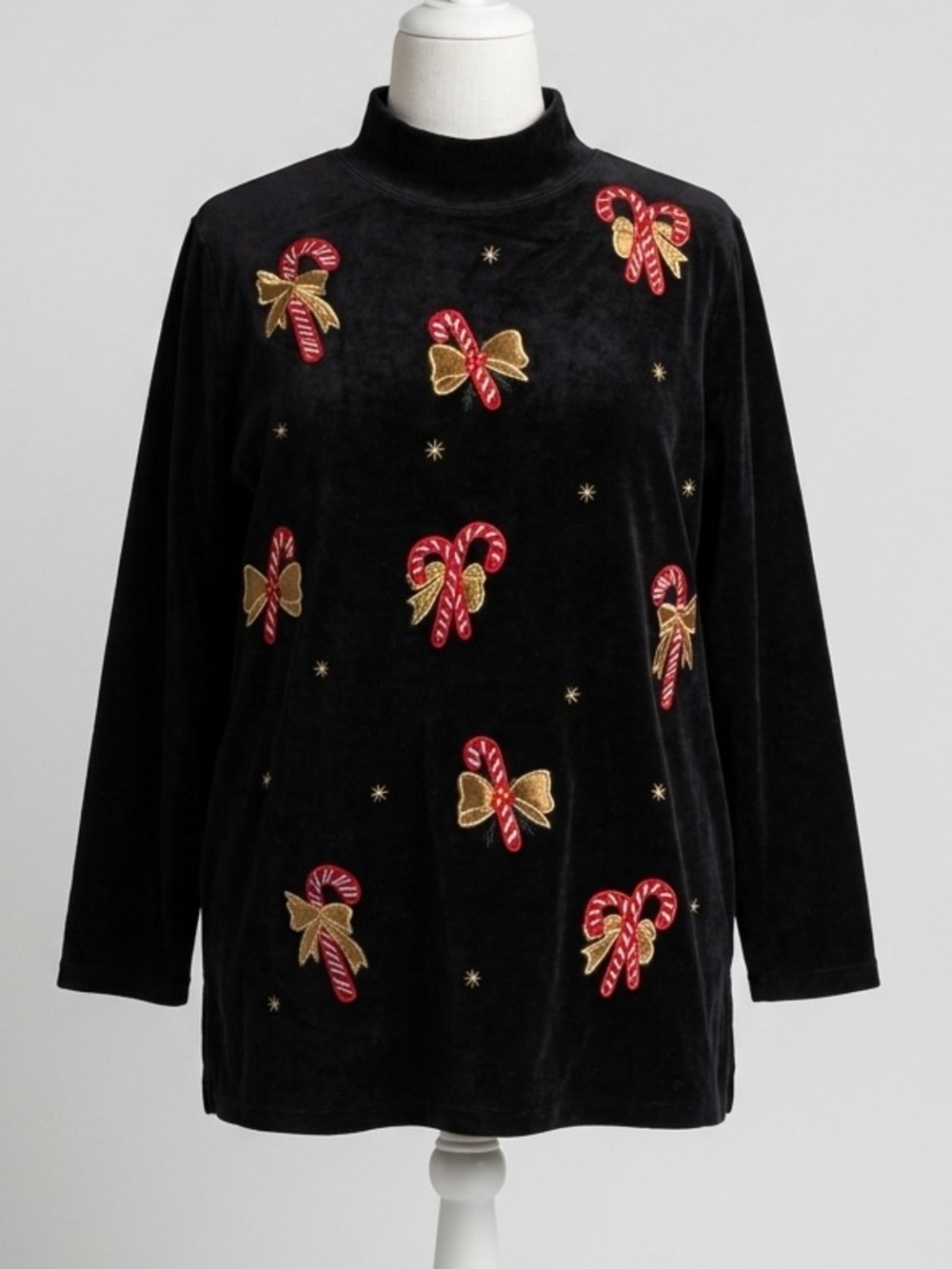 Karen Scott Sport Christmas Velour Mock Neck Top Candy Cane Embroidered Medium